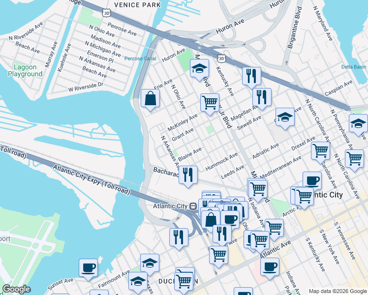 map of restaurants, bars, coffee shops, grocery stores, and more near 1911 Magellan Avenue in Atlantic City