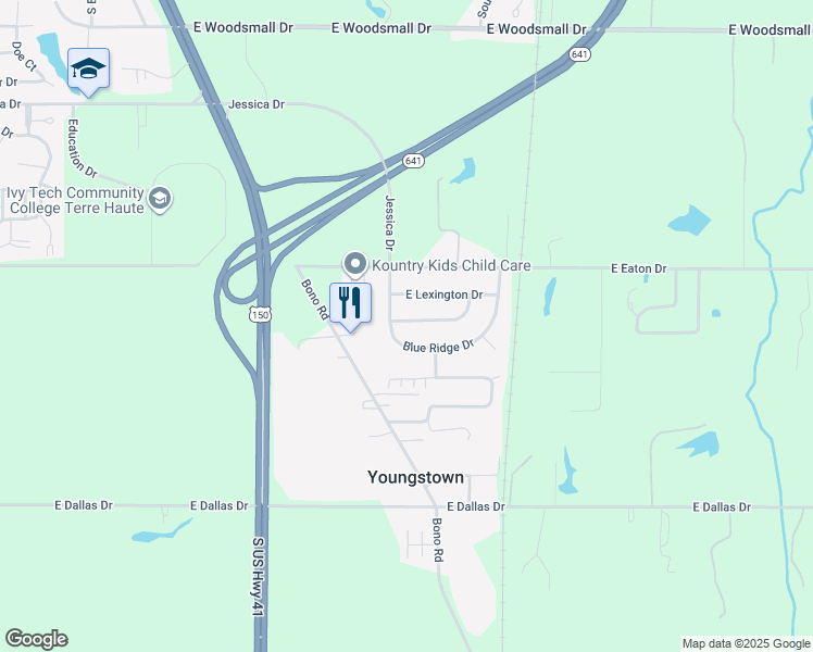 map of restaurants, bars, coffee shops, grocery stores, and more near 1909 East Lexington Drive in Terre Haute