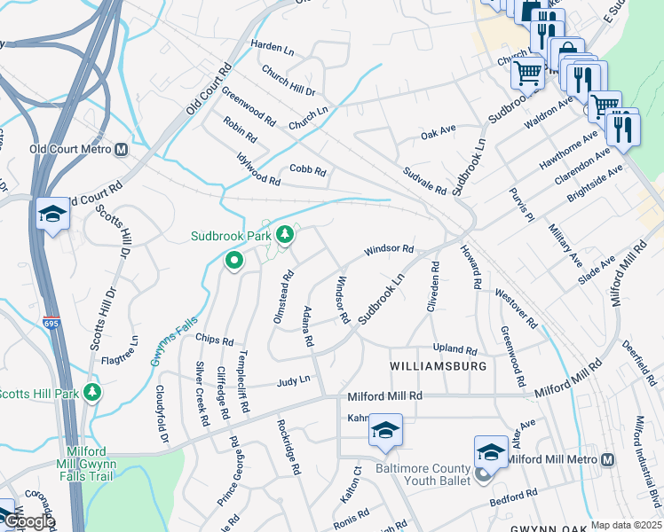map of restaurants, bars, coffee shops, grocery stores, and more near 1002 Kingston Road in Pikesville