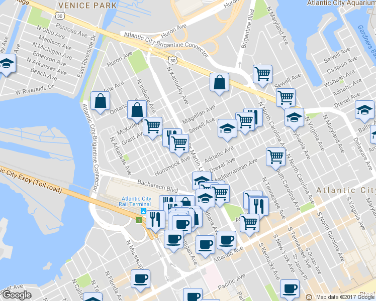 map of restaurants, bars, coffee shops, grocery stores, and more near 511 Robinson Avenue in Atlantic City
