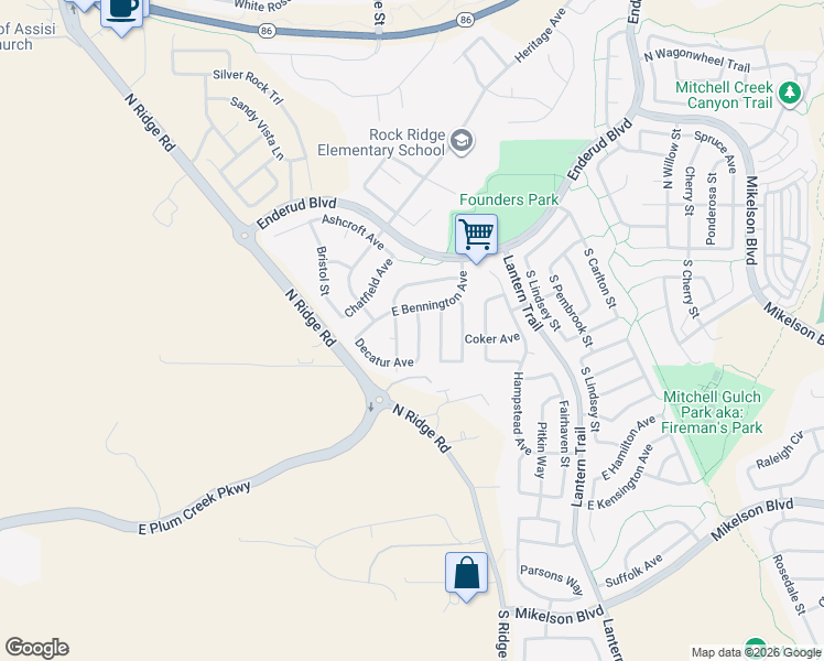 map of restaurants, bars, coffee shops, grocery stores, and more near 4382 East Andover Avenue in Castle Rock