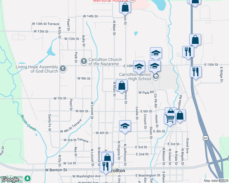 map of restaurants, bars, coffee shops, grocery stores, and more near 1 East 8th Street in Carrollton