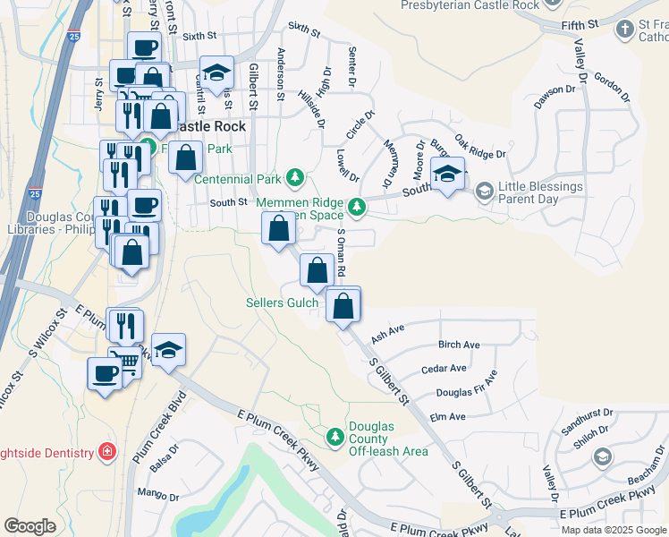 map of restaurants, bars, coffee shops, grocery stores, and more near 451 South Oman Road in Castle Rock