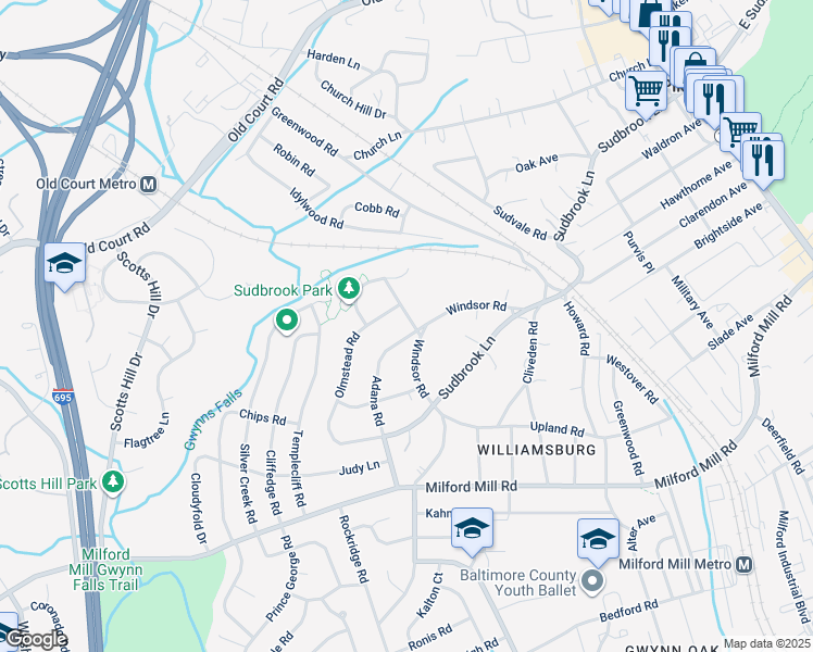 map of restaurants, bars, coffee shops, grocery stores, and more near 1002 Kingston Road in Pikesville
