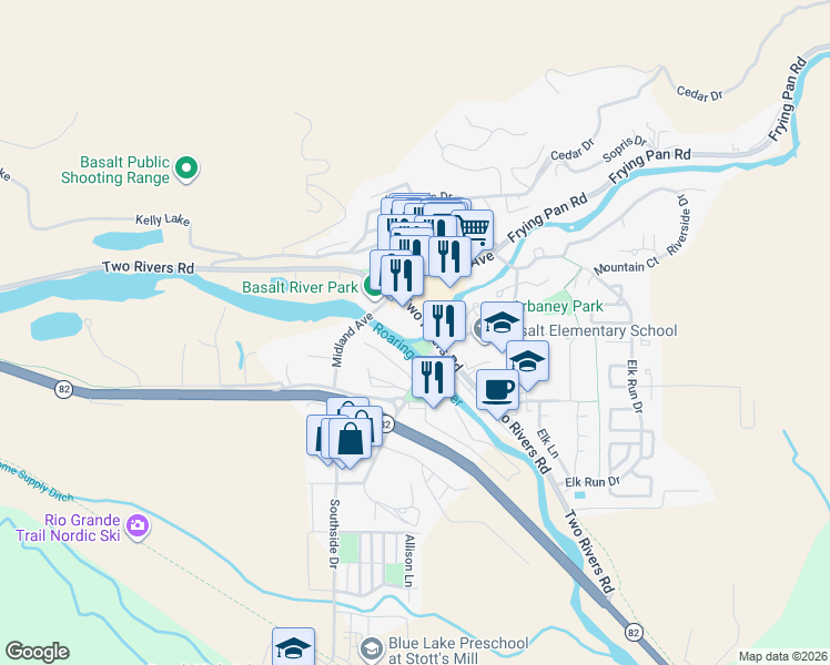 map of restaurants, bars, coffee shops, grocery stores, and more near in Basalt