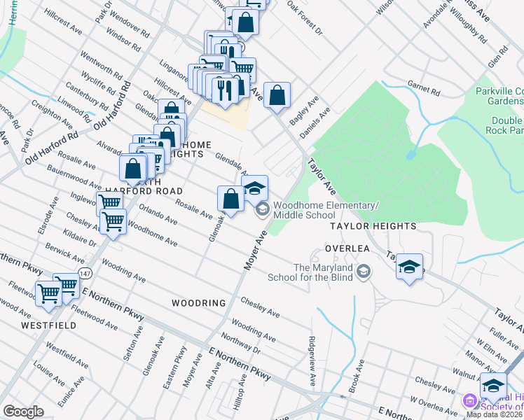 map of restaurants, bars, coffee shops, grocery stores, and more near 7300 Moyer Avenue in Baltimore