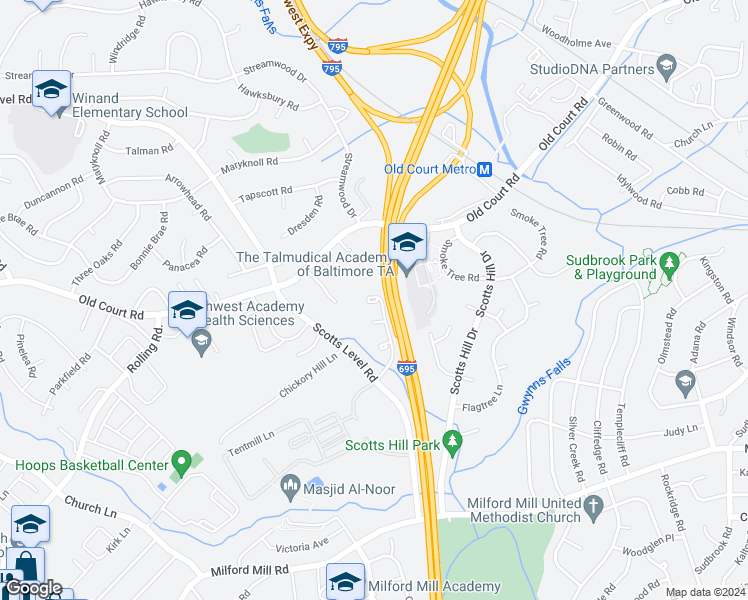 map of restaurants, bars, coffee shops, grocery stores, and more near 16 Wooden Court Way in Pikesville
