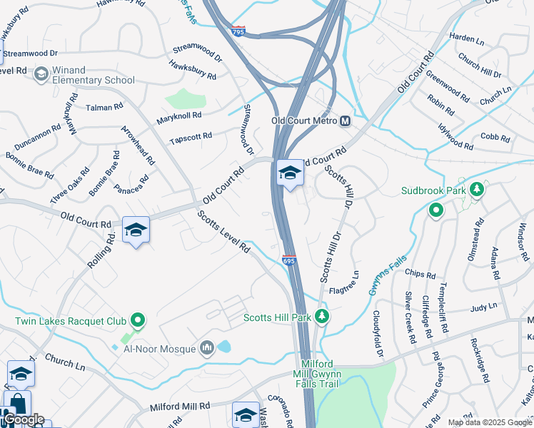 map of restaurants, bars, coffee shops, grocery stores, and more near 4 Wooden Court Way in Pikesville