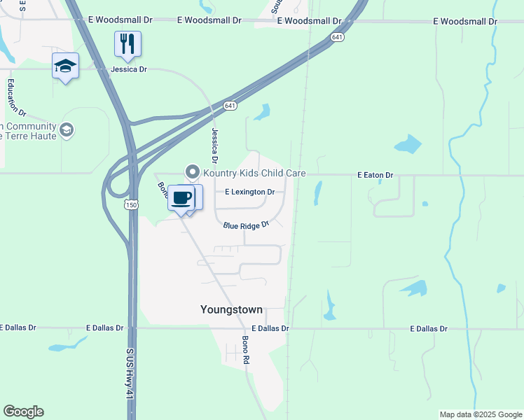 map of restaurants, bars, coffee shops, grocery stores, and more near 1933 East Lexington Drive in Terre Haute