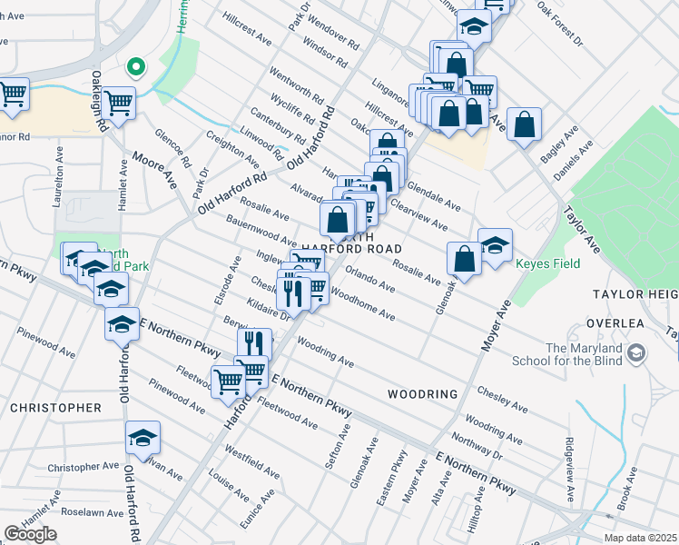 map of restaurants, bars, coffee shops, grocery stores, and more near 7019 Harford Road in Baltimore