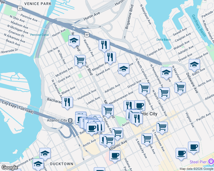 map of restaurants, bars, coffee shops, grocery stores, and more near 431 North Kentucky Avenue in Atlantic City