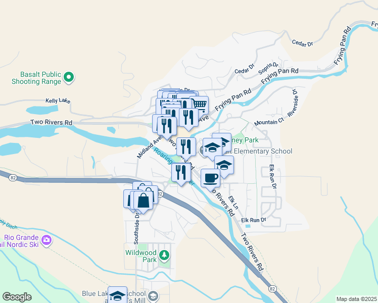map of restaurants, bars, coffee shops, grocery stores, and more near 130 Swinging Bridge Lane in Basalt