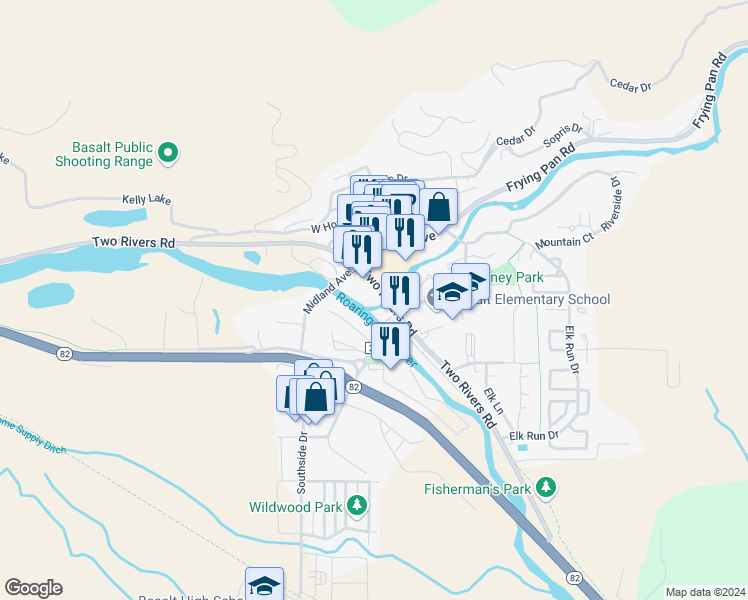 map of restaurants, bars, coffee shops, grocery stores, and more near in Basalt