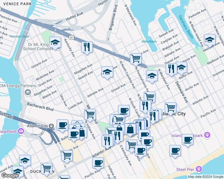 map of restaurants, bars, coffee shops, grocery stores, and more near 411 North Tennessee Avenue in Atlantic City