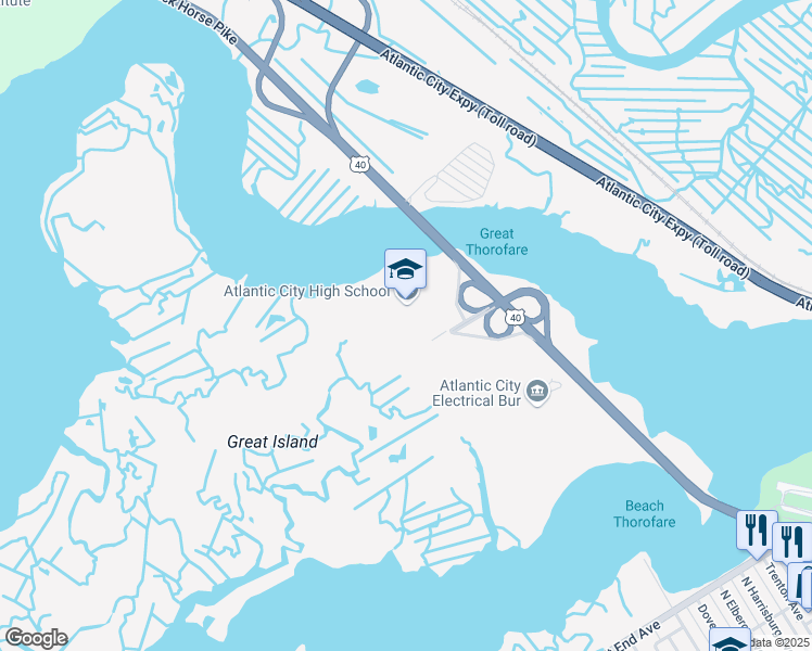 map of restaurants, bars, coffee shops, grocery stores, and more near 1400 North Albany Avenue in Atlantic City