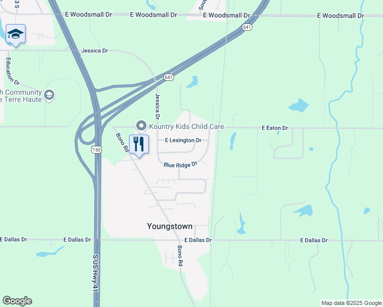 map of restaurants, bars, coffee shops, grocery stores, and more near 1933 East Lexington Drive in Terre Haute