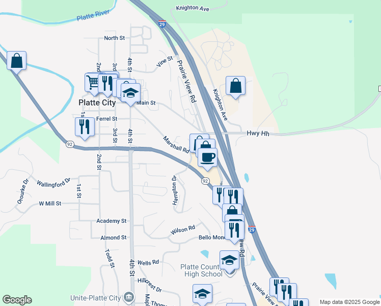 map of restaurants, bars, coffee shops, grocery stores, and more near 10 Wedgewood Drive in Platte City