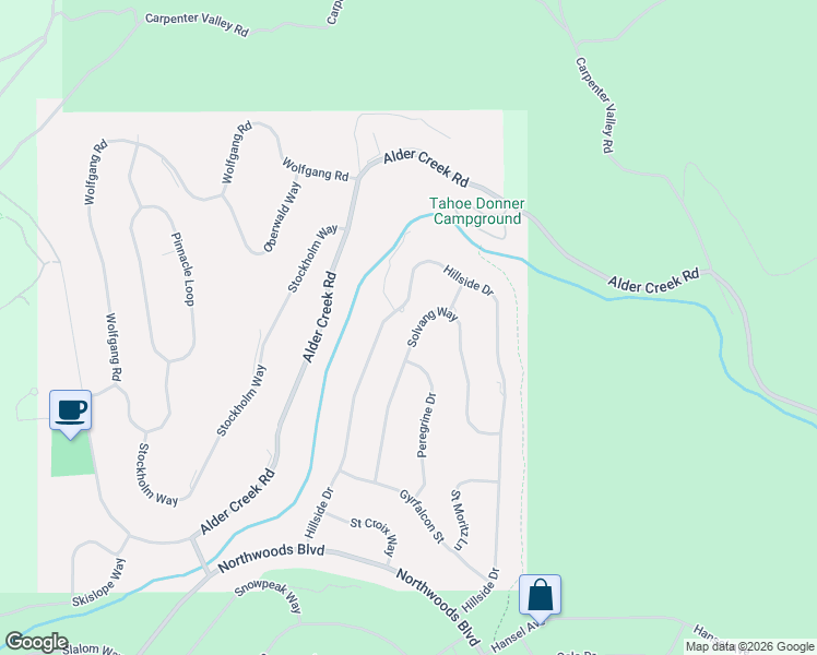 map of restaurants, bars, coffee shops, grocery stores, and more near 13133 Solvang Way in Truckee