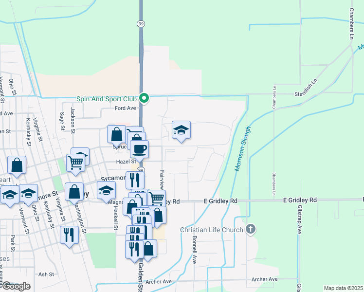 map of restaurants, bars, coffee shops, grocery stores, and more near 300 East Spruce Street in Gridley
