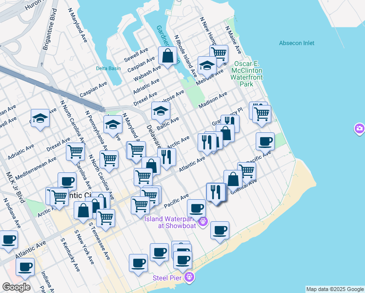 map of restaurants, bars, coffee shops, grocery stores, and more near 35 North New Jersey Avenue in Atlantic City