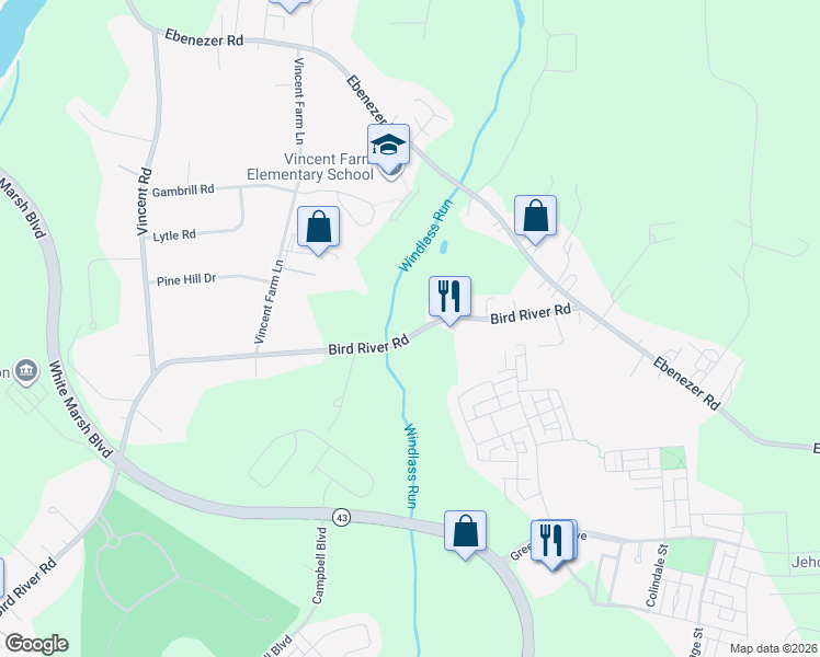 map of restaurants, bars, coffee shops, grocery stores, and more near 10516 Bird River Road in Middle River