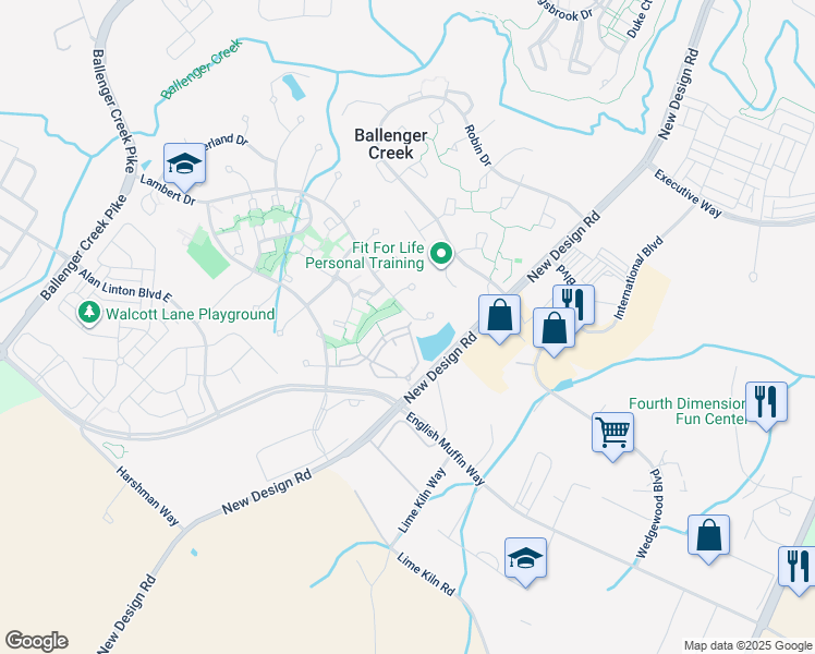 map of restaurants, bars, coffee shops, grocery stores, and more near 4898 Meridian Way in Frederick