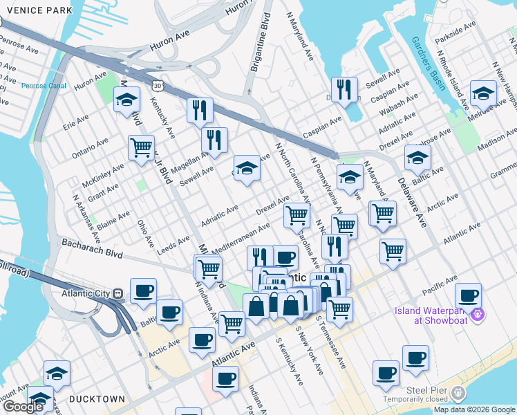 map of restaurants, bars, coffee shops, grocery stores, and more near in Atlantic City