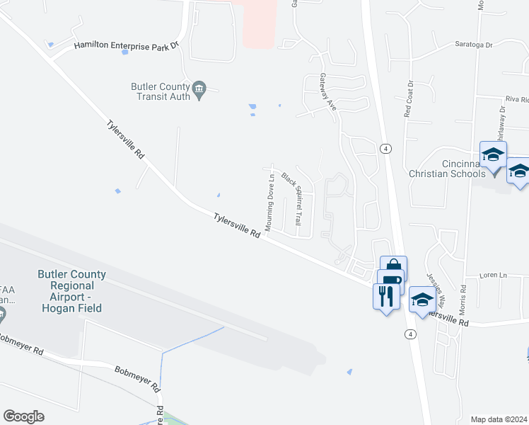 map of restaurants, bars, coffee shops, grocery stores, and more near 7705 Mourning Dove Lane in Hamilton