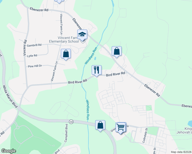 map of restaurants, bars, coffee shops, grocery stores, and more near 10529 Bird River Road in Middle River