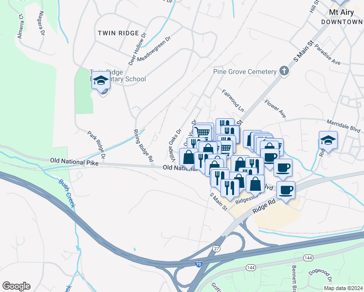 map of restaurants, bars, coffee shops, grocery stores, and more near 1321 North Oak Cliff Court in Mount Airy