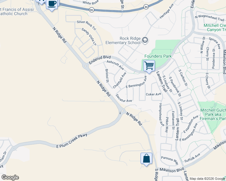 map of restaurants, bars, coffee shops, grocery stores, and more near 220 Chatfield Avenue in Castle Rock