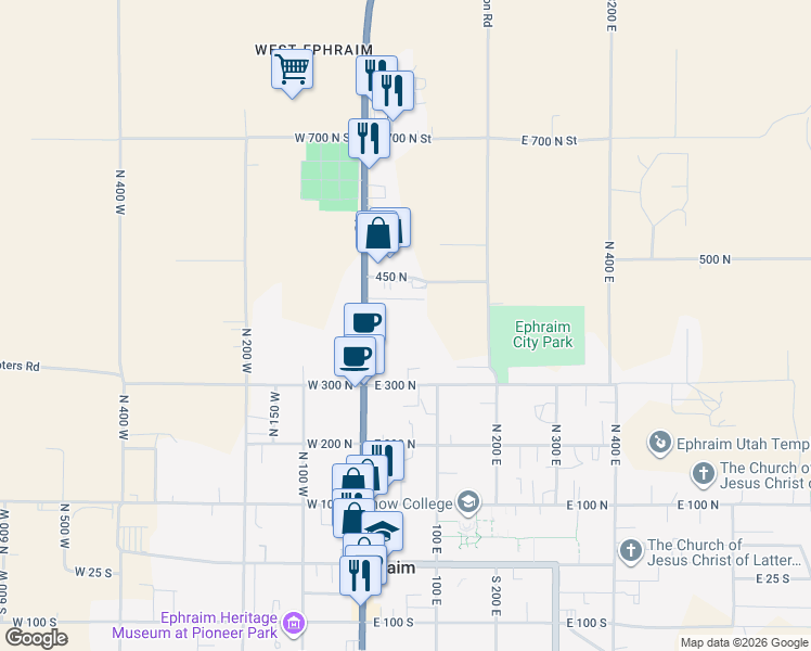 map of restaurants, bars, coffee shops, grocery stores, and more near 386 North Main Street in Ephraim