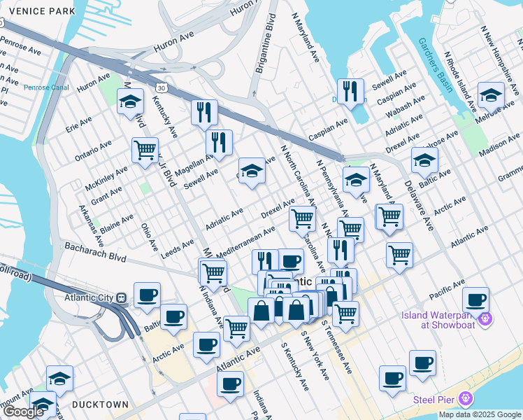 map of restaurants, bars, coffee shops, grocery stores, and more near 411 North Tennessee Avenue in Atlantic City