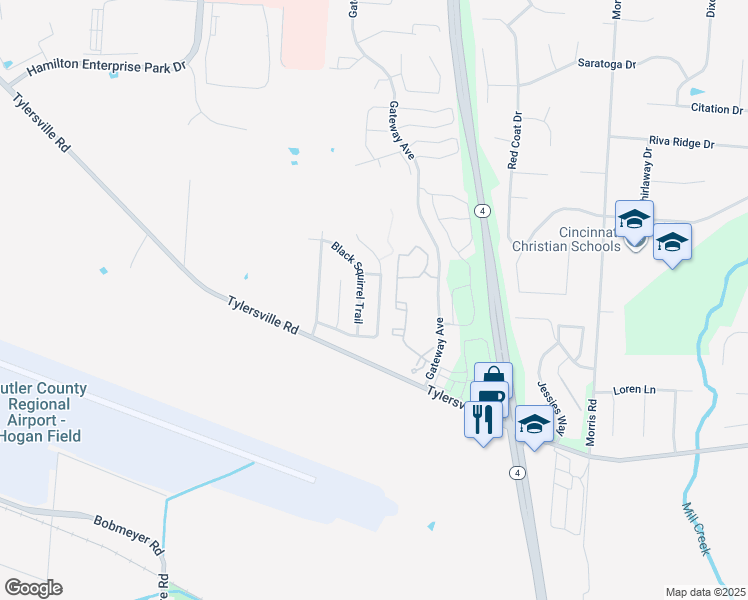 map of restaurants, bars, coffee shops, grocery stores, and more near 7679 Sycamore Woods Lane in Hamilton