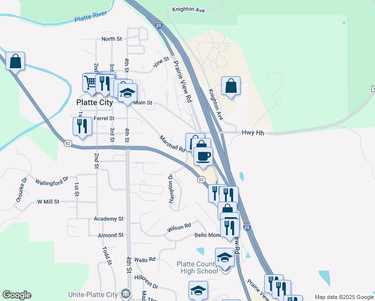 map of restaurants, bars, coffee shops, grocery stores, and more near 10 Wedgewood Drive in Platte City