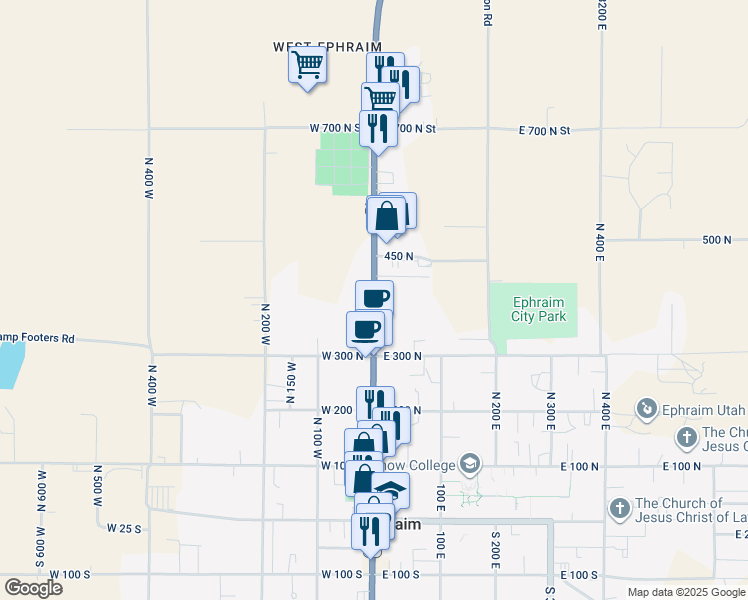 map of restaurants, bars, coffee shops, grocery stores, and more near 386 North Main Street in Ephraim