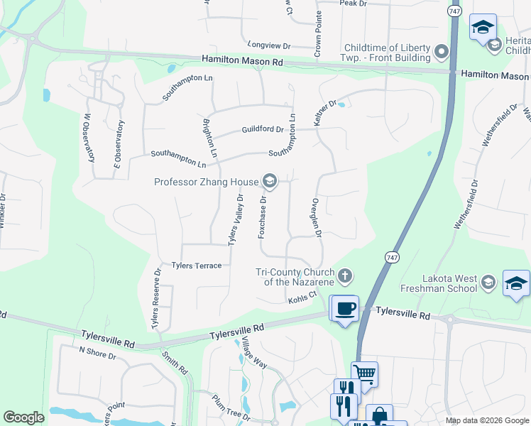 map of restaurants, bars, coffee shops, grocery stores, and more near 7536 Foxchase Drive in Butler County