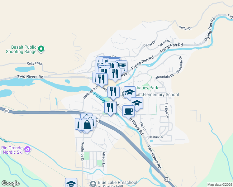 map of restaurants, bars, coffee shops, grocery stores, and more near 130 Swinging Bridge Lane in Basalt