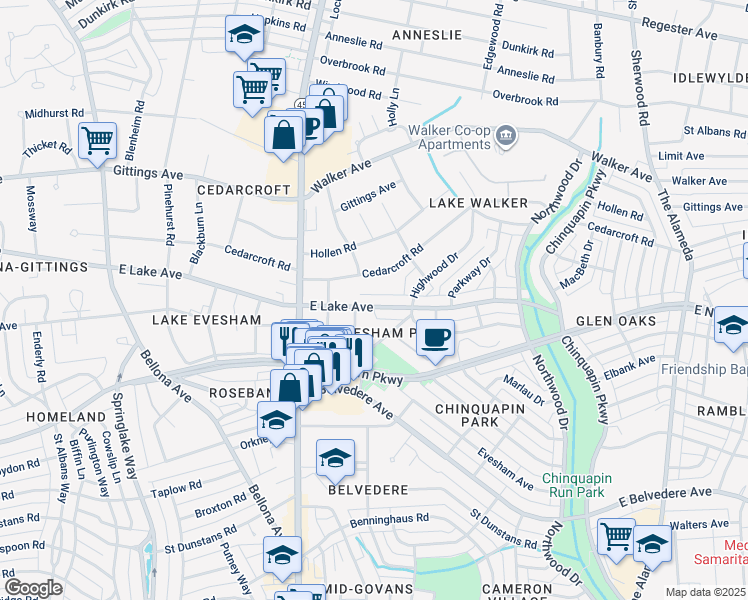map of restaurants, bars, coffee shops, grocery stores, and more near 712 E Lake Ave in Baltimore