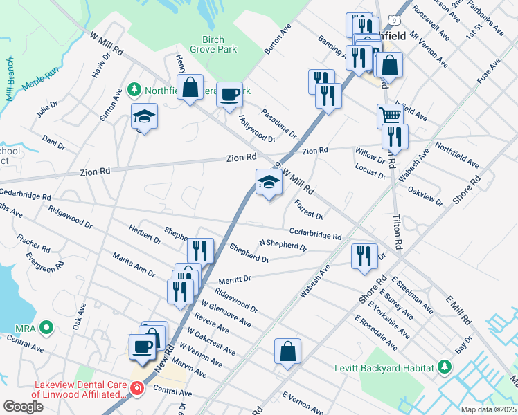 map of restaurants, bars, coffee shops, grocery stores, and more near 2000 New Road in Northfield