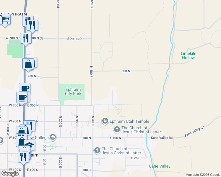 map of restaurants, bars, coffee shops, grocery stores, and more near 390 North 550 East in Ephraim