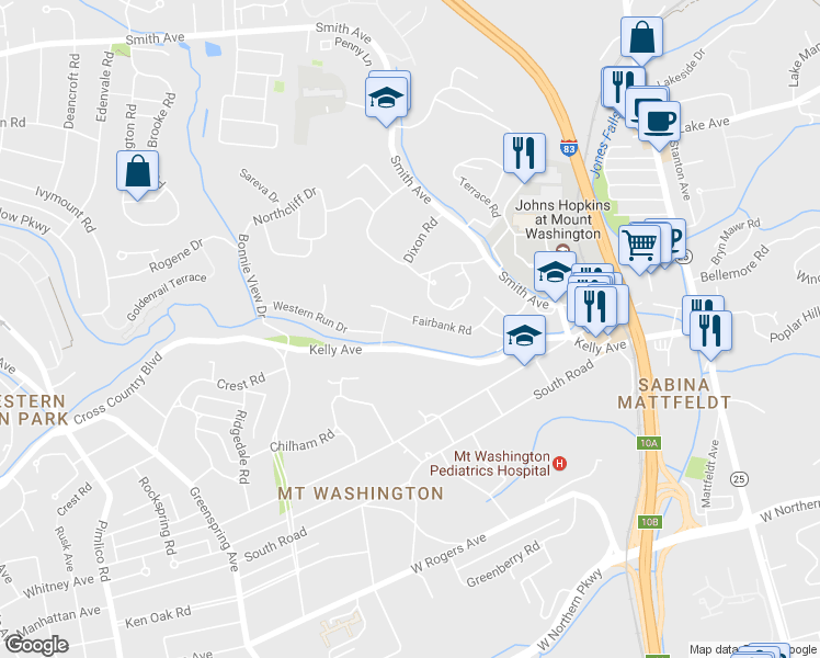 map of restaurants, bars, coffee shops, grocery stores, and more near 1911 Fairbank Road in Baltimore