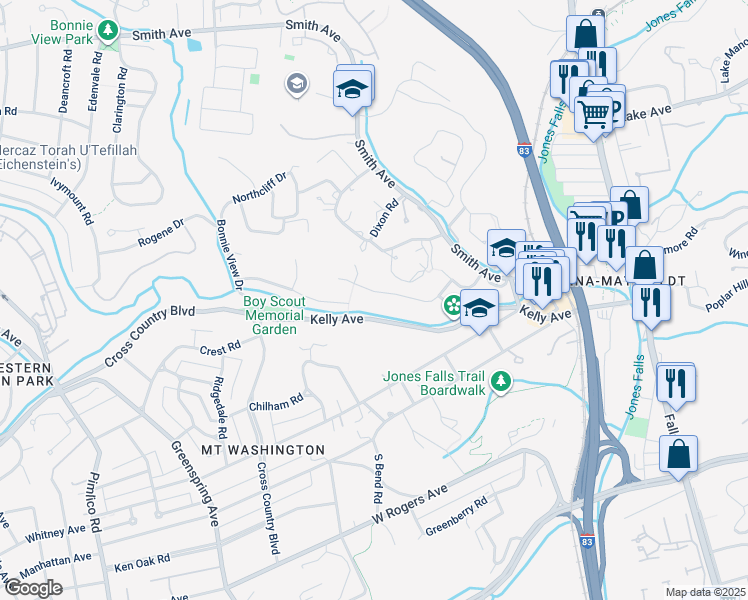 map of restaurants, bars, coffee shops, grocery stores, and more near 1911 Fairbank Road in Baltimore
