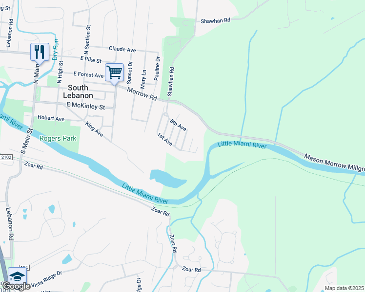 map of restaurants, bars, coffee shops, grocery stores, and more near 6th Avenue in South Lebanon