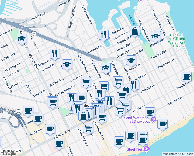 map of restaurants, bars, coffee shops, grocery stores, and more near 238 North Pennsylvania Avenue in Atlantic City