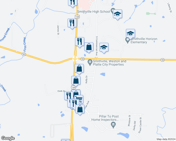 map of restaurants, bars, coffee shops, grocery stores, and more near 15116 Kelly Drive in Smithville