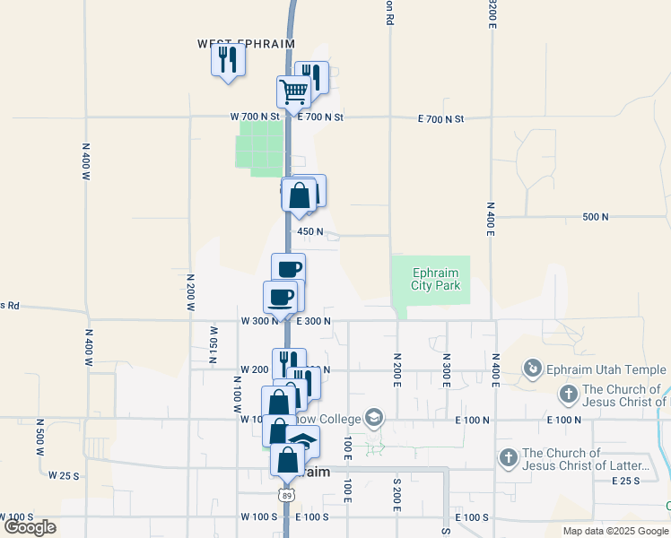 map of restaurants, bars, coffee shops, grocery stores, and more near 386 North Main Street in Ephraim