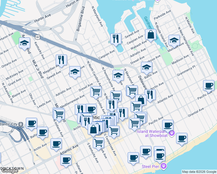 map of restaurants, bars, coffee shops, grocery stores, and more near 238 North Pennsylvania Avenue in Atlantic City