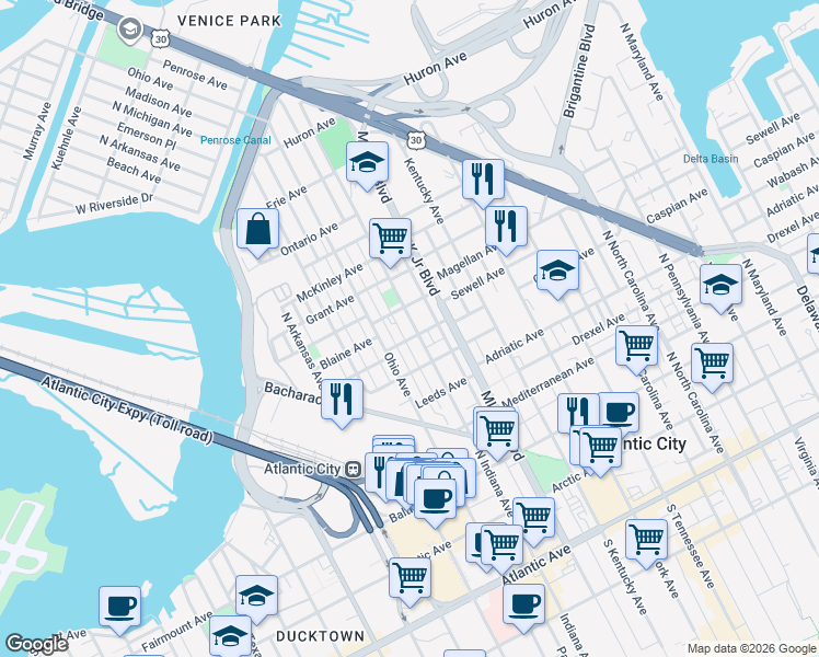 map of restaurants, bars, coffee shops, grocery stores, and more near 604 Robinson Avenue in Atlantic City