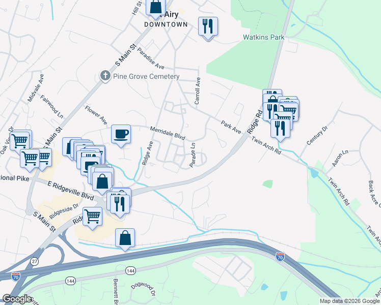map of restaurants, bars, coffee shops, grocery stores, and more near 812 Parade Lane in Mount Airy